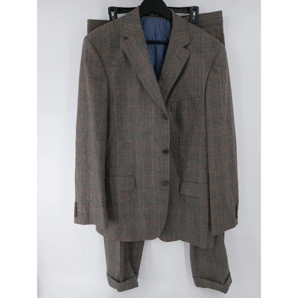 Hugo Boss Suit Brown Plaid Rossellini/Movie Wool Tweed USA 2 Piece 42R 36x33